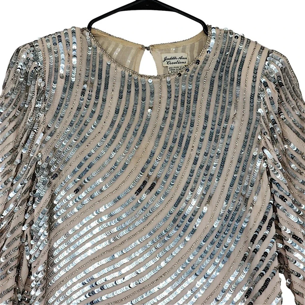 Judith Ann Creations Dress XS Women Silver Sequin Silk Long Sleeve Midi Vtg READ